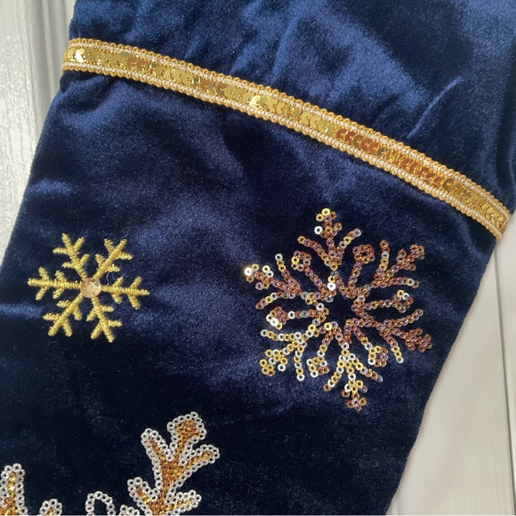Midnight Blue Velveteen Christmas Hanging Stocking with Gold Sequined Snowflakes - Picture 6 of 9
